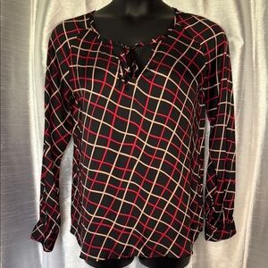 Sanctuary Women’s Large Black Red Pink Keyhole Tie Neck Long Sleeve Blouse
